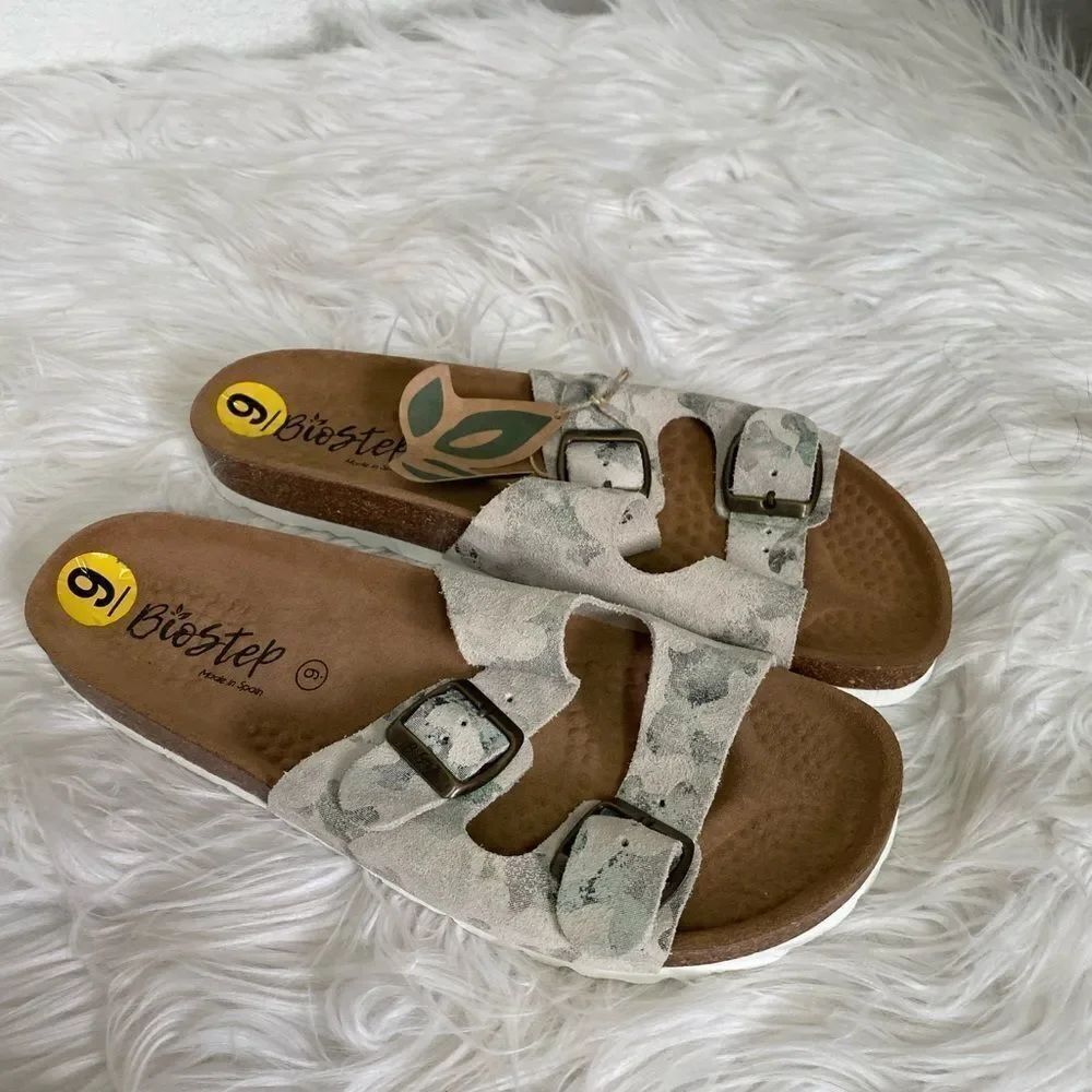 NEW Biostep camo leather two adjustable strap comfort slippers sandals 9